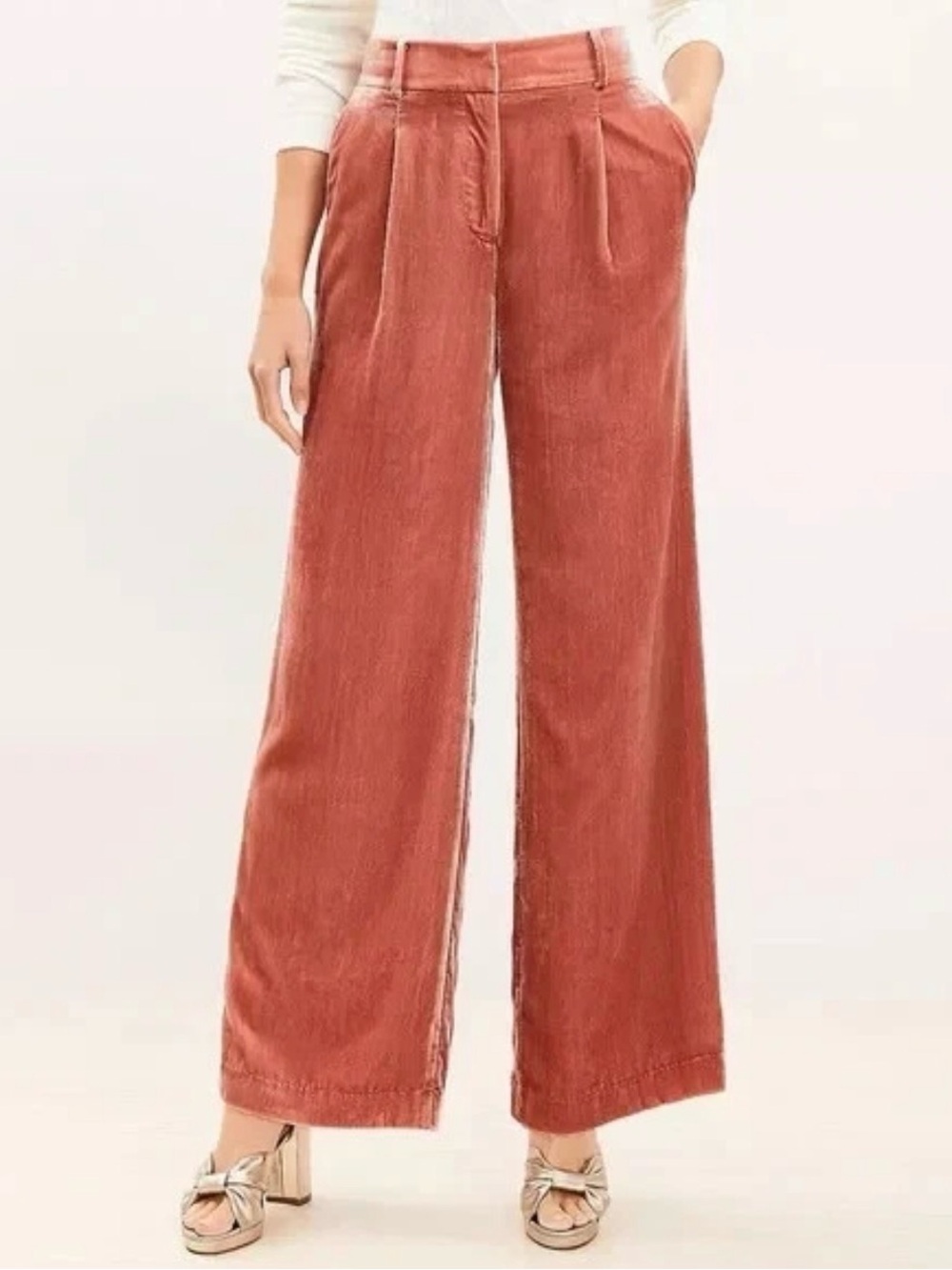 LOFT Peyton Coral Pink Velvet Wide Leg Trousers Pants Size 12 NWT